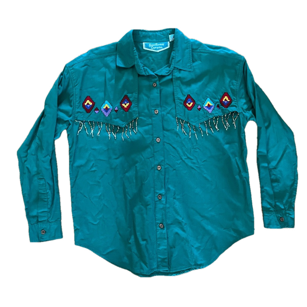 Women's Southwest Canyon Long Sleeve Beaded Western Shirt Size M Rodeo Aztec